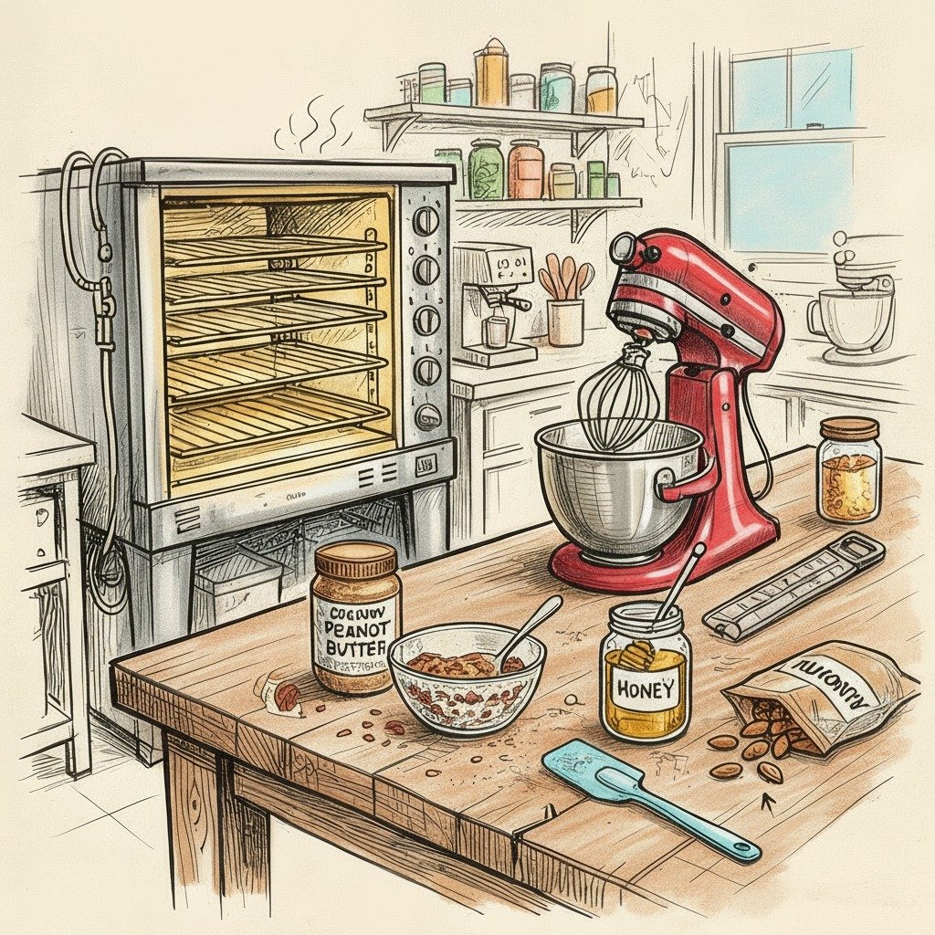 Nutraé home kitchen origin with five-tray oven, mixer, and candy thermometer